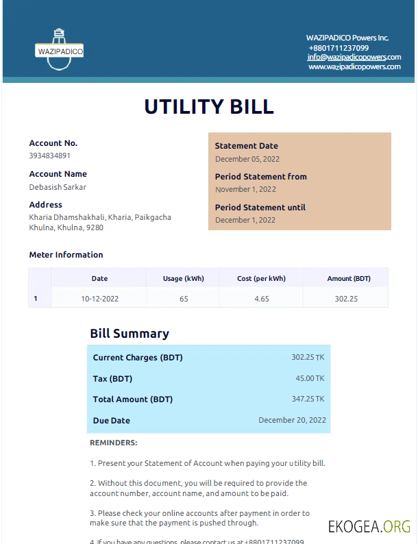 BANGLADESH WAZIPADICO POWER utility bill Word and PDF template